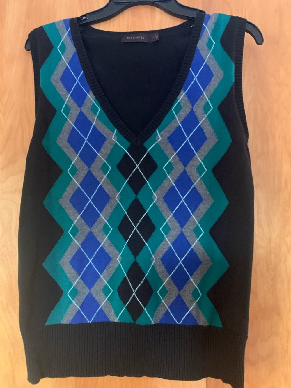 The Limited Vintage 100% CottonBlack Argyle V‑Neck Sweater Vest with Teal & Blue